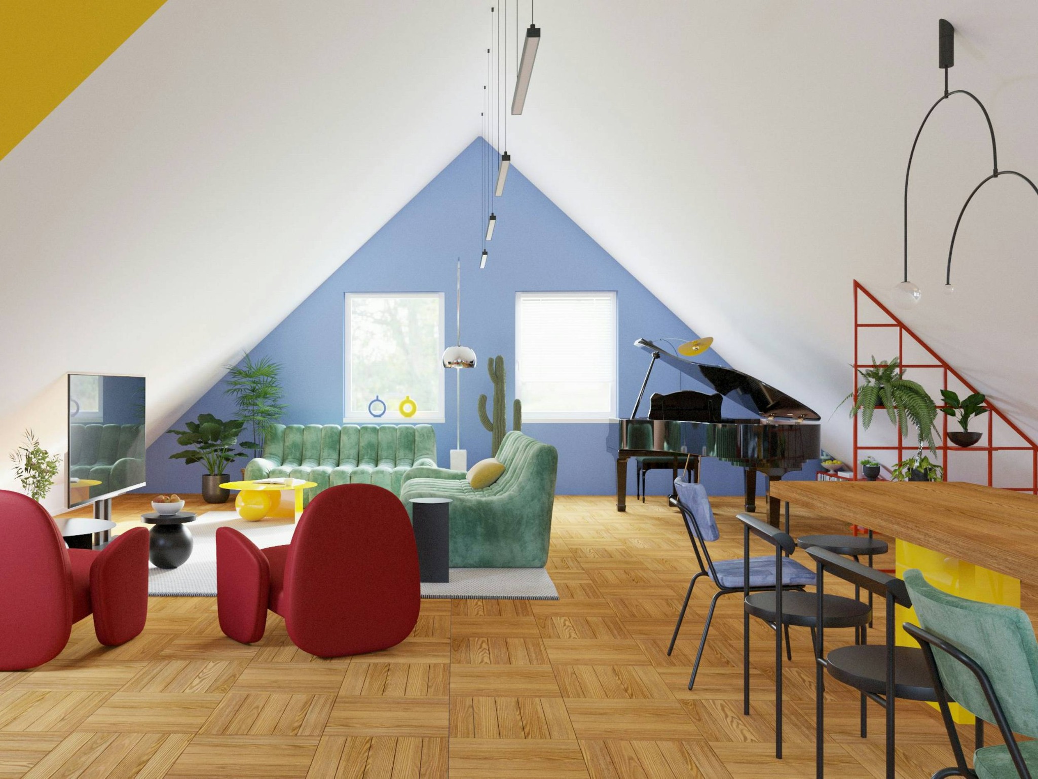 Jasne, przestronne wnętrze poddasza z parkietem, z zielonymi sofami, czerwonymi fotelami, czarnym fortepianem i drewnianym stołem z kolorowymi krzesłami.