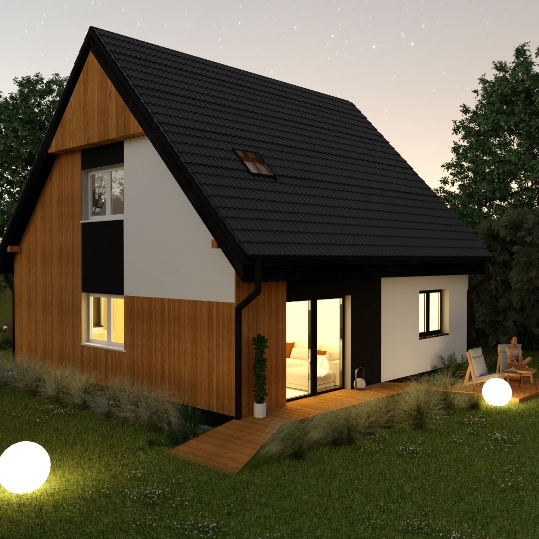 Wizualizacja domu z drewnianą elewacją, czarnym dachem i dużymi oknami tarasowymi, oświetlonymi kulami w ogrodzie, widok na relaksującą osobę na tarasie.