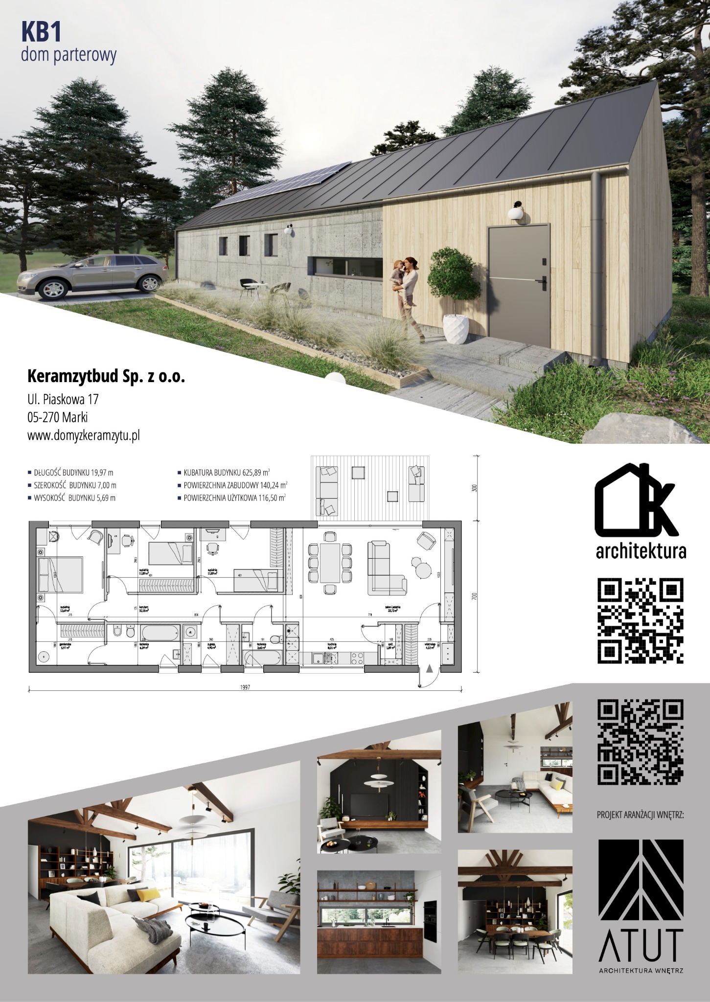 Wizualizacja parterowego domu z płaskim dachem, wykończonego drewnem i betonem, z panelem słonecznym, prezentowana z rodziną na zewnątrz i planem architektonicznym oraz wizualizacjami wnętrz.