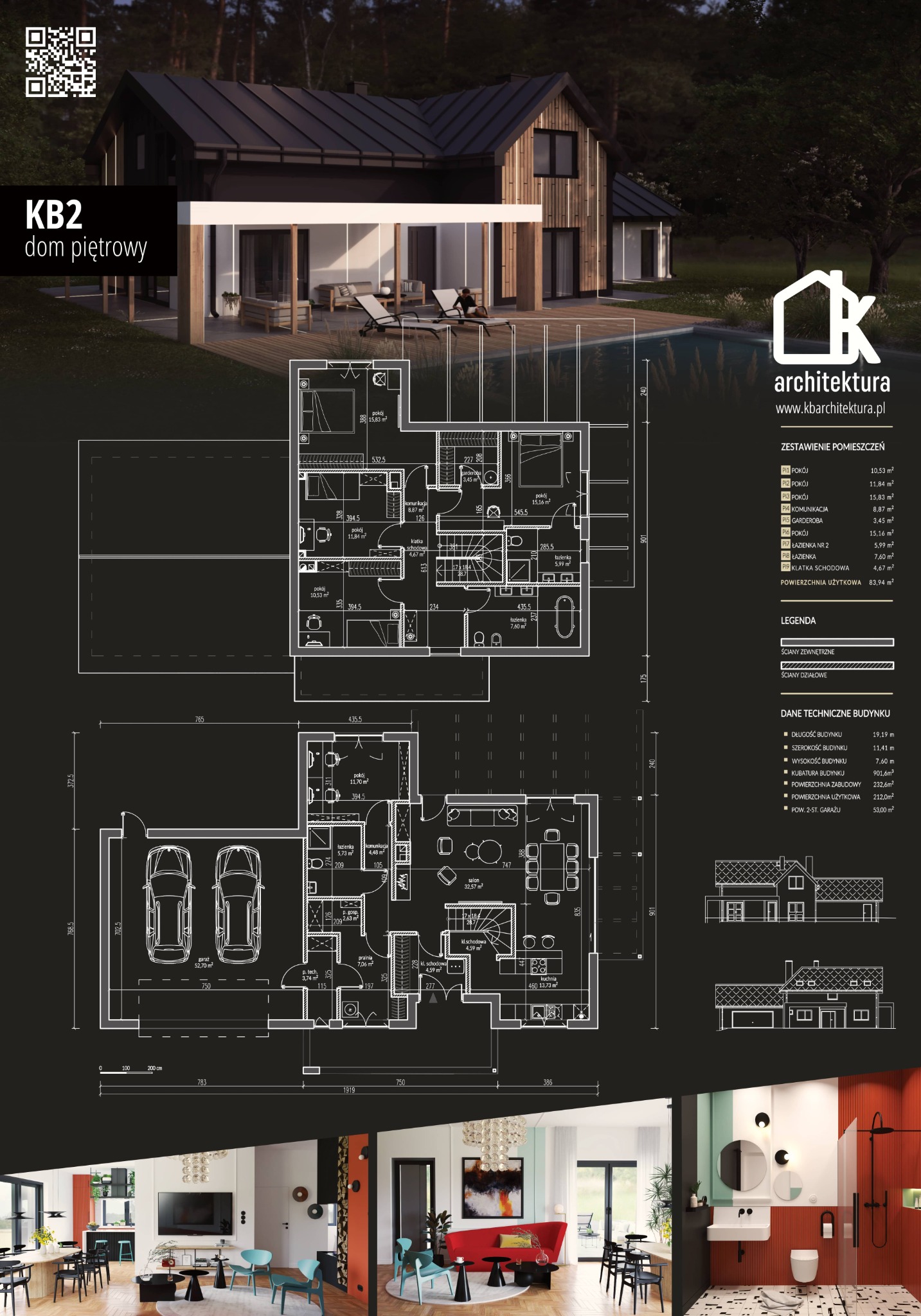 Projekt architektoniczny domu piętrowego KB2, zawierający wizualizację zewnętrzną, rzut poziomy oraz detale wnętrz: salonu, łazienki i jadalni.