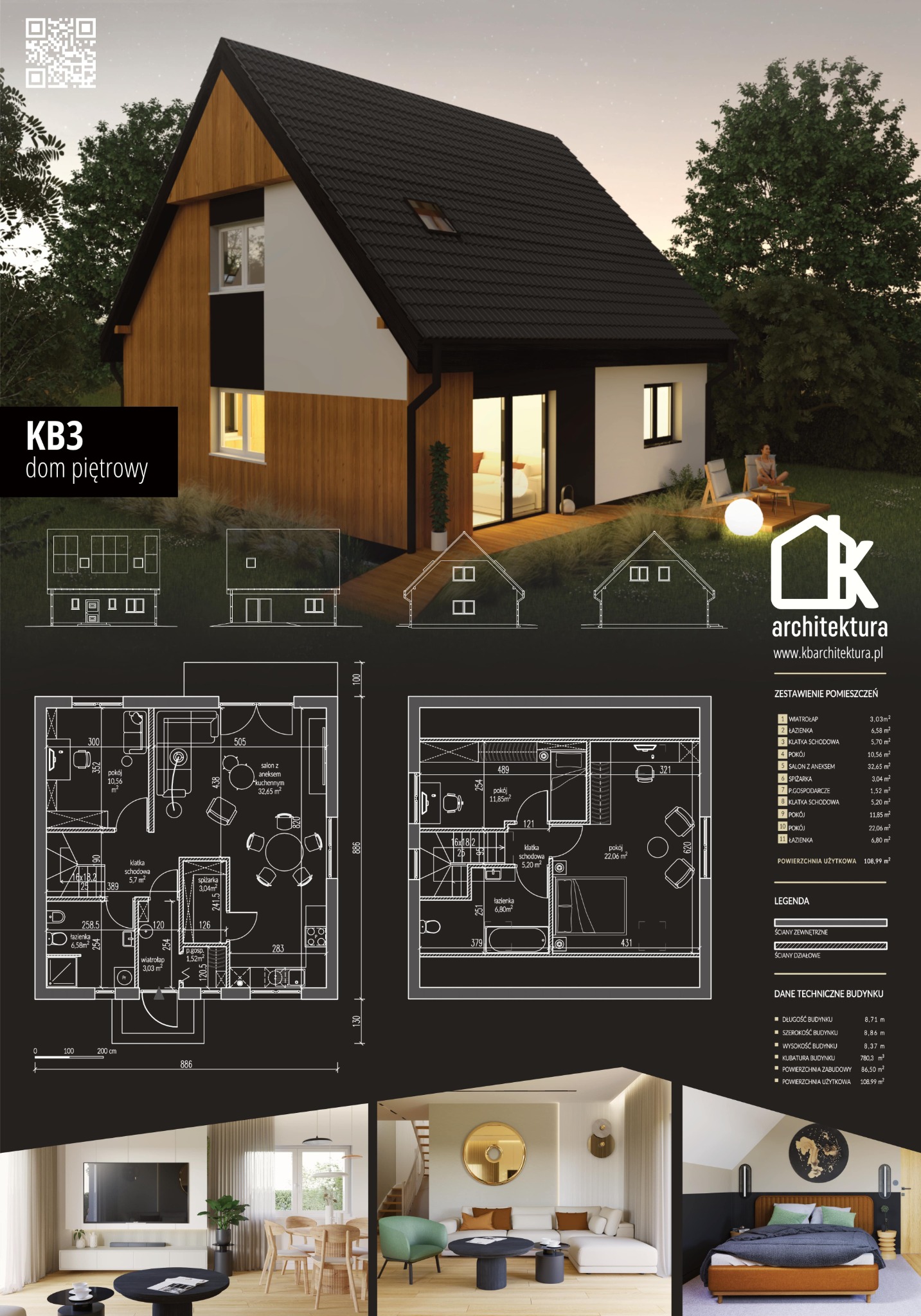 Wizualizacja dwukondygnacyjnego domu z drewnianą elewacją, czarnym dachem, planami kondygnacji, zestawieniem pomieszczeń i wizualizacją wnętrz.