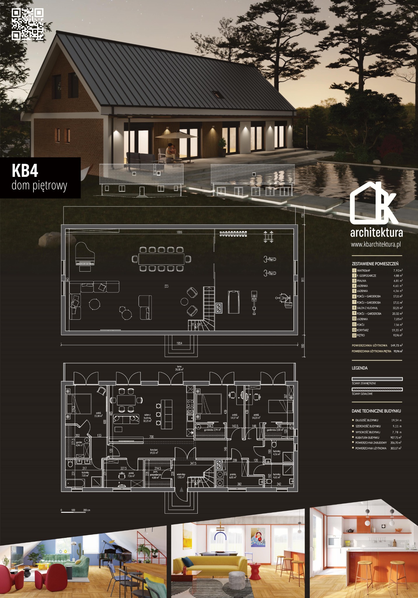 Wizualizacja projektu domu piętrowego KB4 z widokiem zewnętrznym, planem parteru i piętra, zestawieniem pomieszczeń oraz danymi technicznymi, prezentowana z basenem w tle.