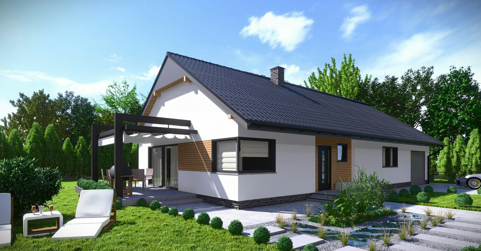 Wizualizacja parterowego domu z ciemną dachówką i drewnianą elewacją, z tarasem i pergolą, otoczonego zielenią i elementami małej architektury ogrodowej.