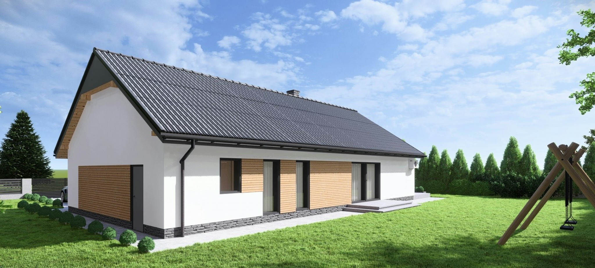 Wizualizacja parterowego domu jednorodzinnego z dachem dwuspadowym pokrytym blachą trapezową, elewacją w kolorze białym z drewnianymi panelami, na zadbanym trawniku z elementami małej architektury...