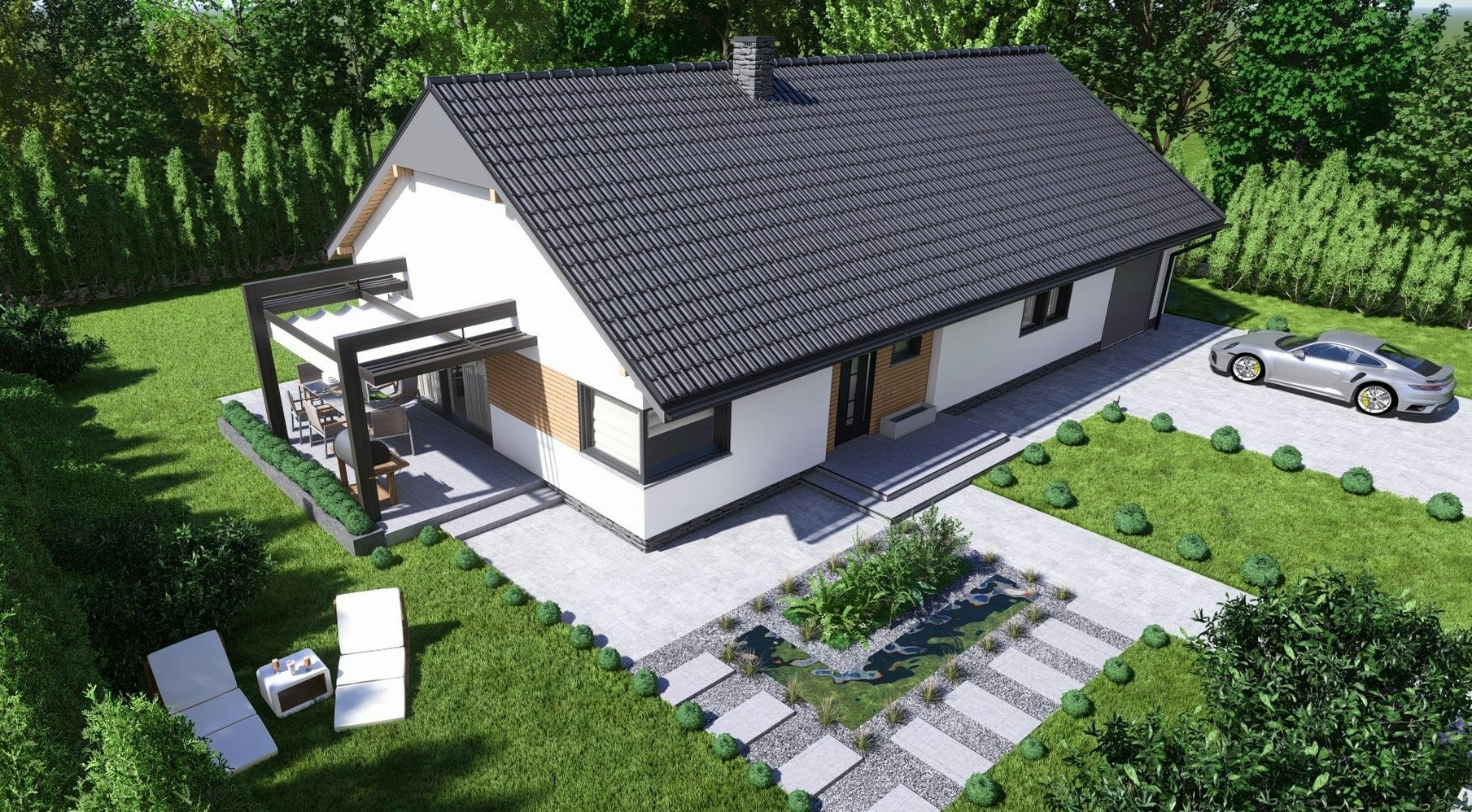 Wizualizacja parterowego domu z ciemną dachówką, pergolą nad tarasem, nowoczesnym ogrodem i zaparkowanym sportowym samochodem.