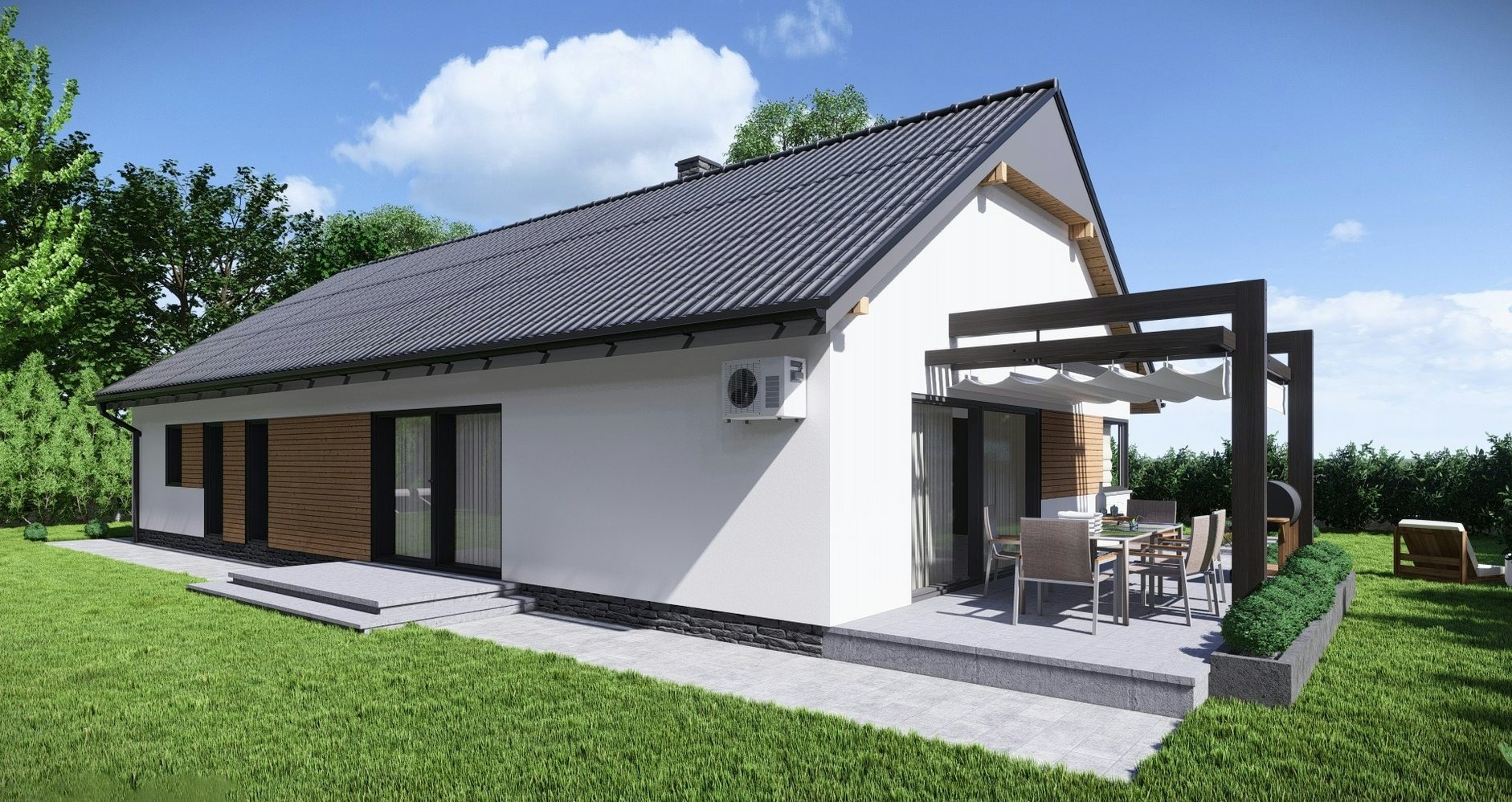 Nowoczesny, parterowy dom z białymi ścianami, ciemną dachówką i drewnianą elewacją, z klimatyzatorem na ścianie bocznej i tarasem z pergolą i meblami ogrodowymi. Widok z zewnątrz w słoneczny dzień.