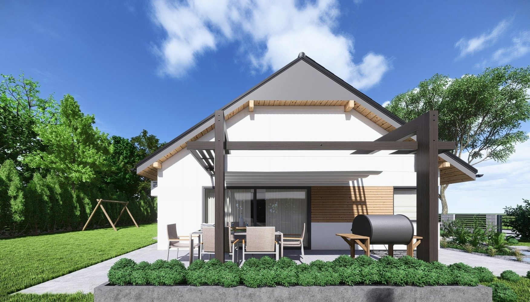 Wizualizacja domu jednorodzinnego z białymi ścianami, szarym dachem i drewnianą pergolą nad tarasem, na którym znajduje się zestaw mebli ogrodowych i grill; w tle zielony trawnik z huśtawką.