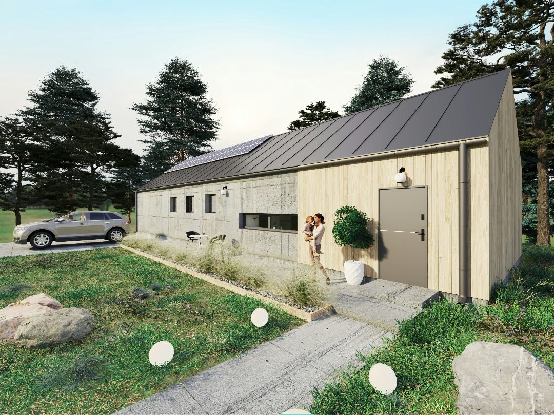 Wizualizacja nowoczesnego domu jednorodzinnego z elementami betonu architektonicznego i drewnianą elewacją, panele solarne na dachu, kobieta z dzieckiem przed wejściem, oświetlenie zewnętrzne...