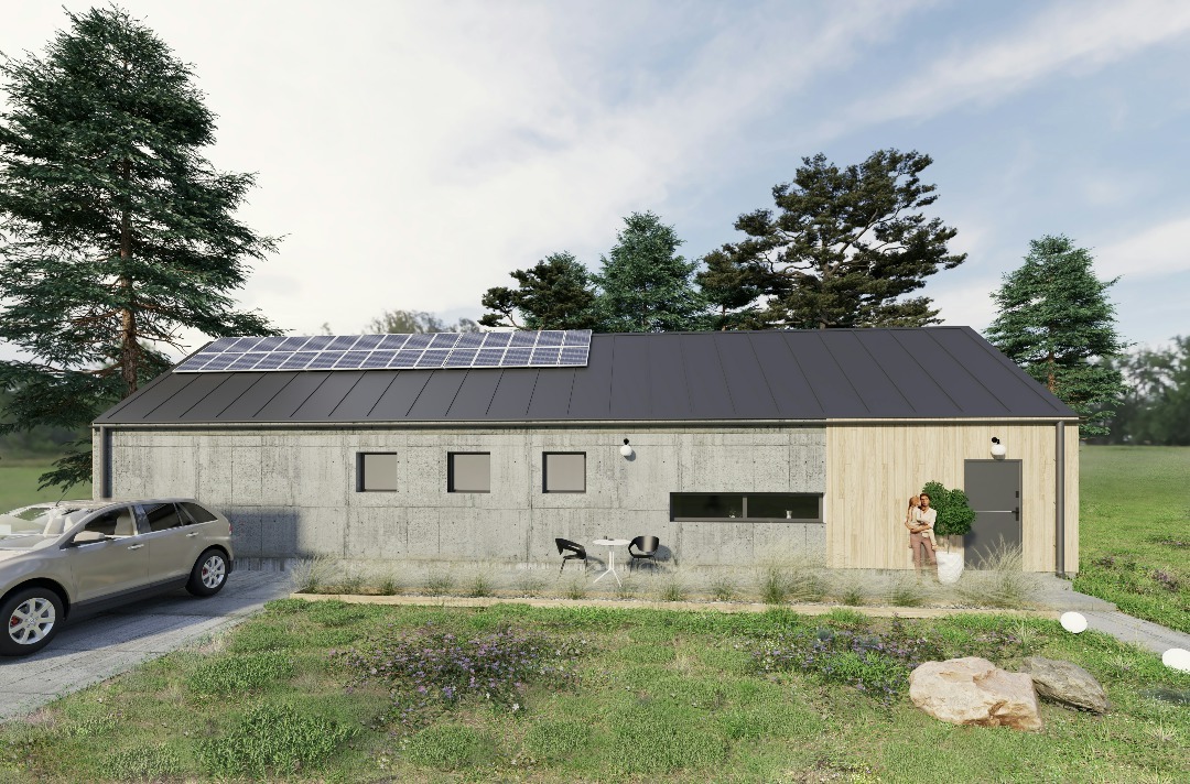 Nowoczesny dom jednorodzinny w Zielonej Górze z panelami słonecznymi na dachu, wykończony betonem architektonicznym i drewnem, z minimalistycznym zestawem mebli ogrodowych i samochodem na podjeździe.