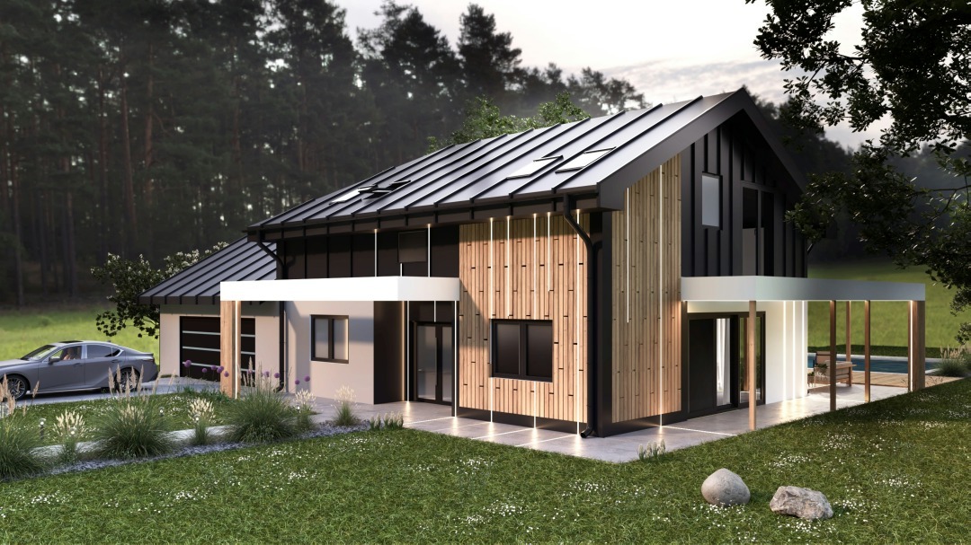 Wizualizacja nowoczesnego domu jednorodzinnego z czarnym dachem i drewnianą elewacją, z przylegającym garażem i basenem, otoczonego zielenią i zaparkowanym samochodem.