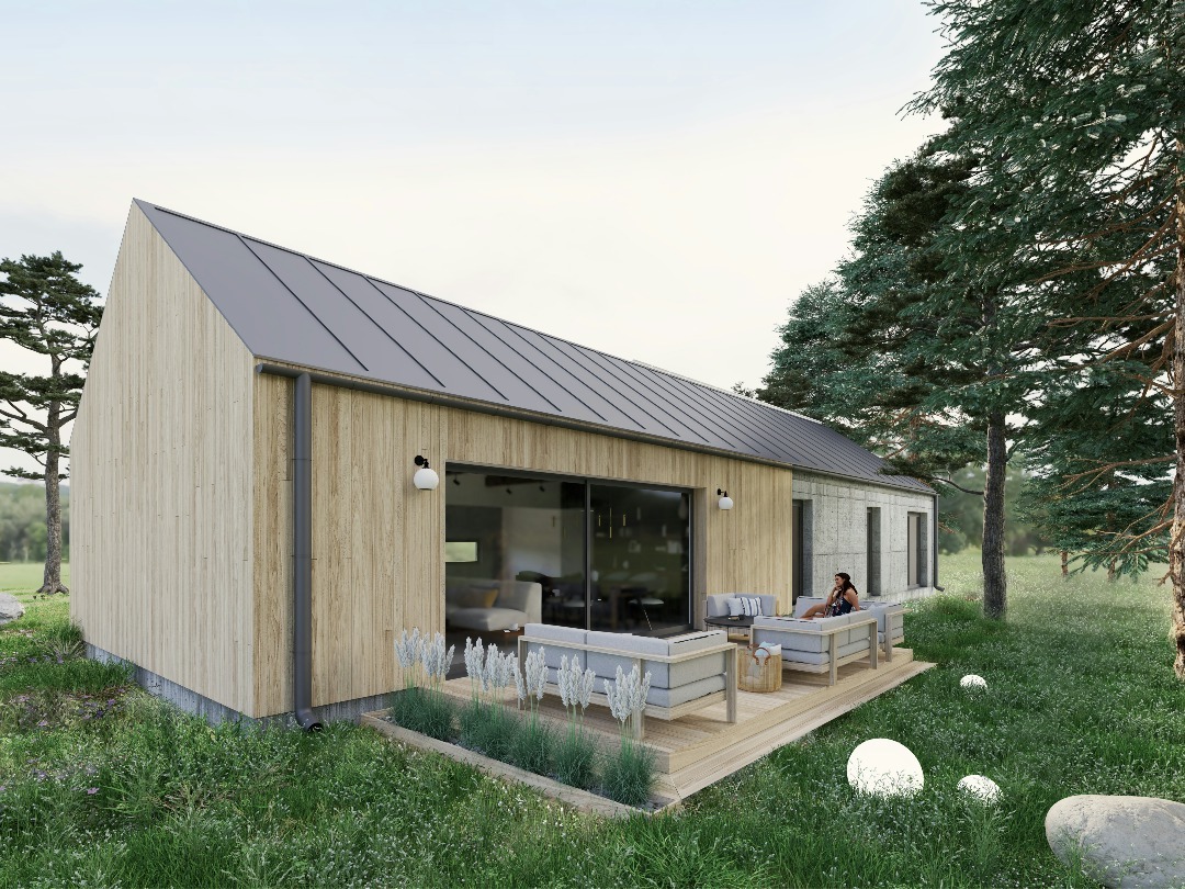 Wizualizacja parterowego domu z drewnianą elewacją i szarym dachem dwuspadowym, z tarasem i meblami ogrodowymi, otoczonego zielenią i drzewami.