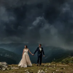 Para młoda, on w granatowym smokingu z muchą, ona w koronkowej sukni ecru, trzymają się za ręce na tle gór i burzowego nieba.