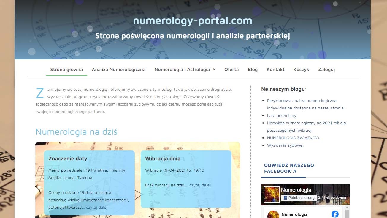 Strona główna portalu numerologicznego z menu nawigacyjnym, sekcją blogową i informacjami o znaczeniu daty i wibracji dnia, z widocznym adresem numerology-portal.com w nagłówku.