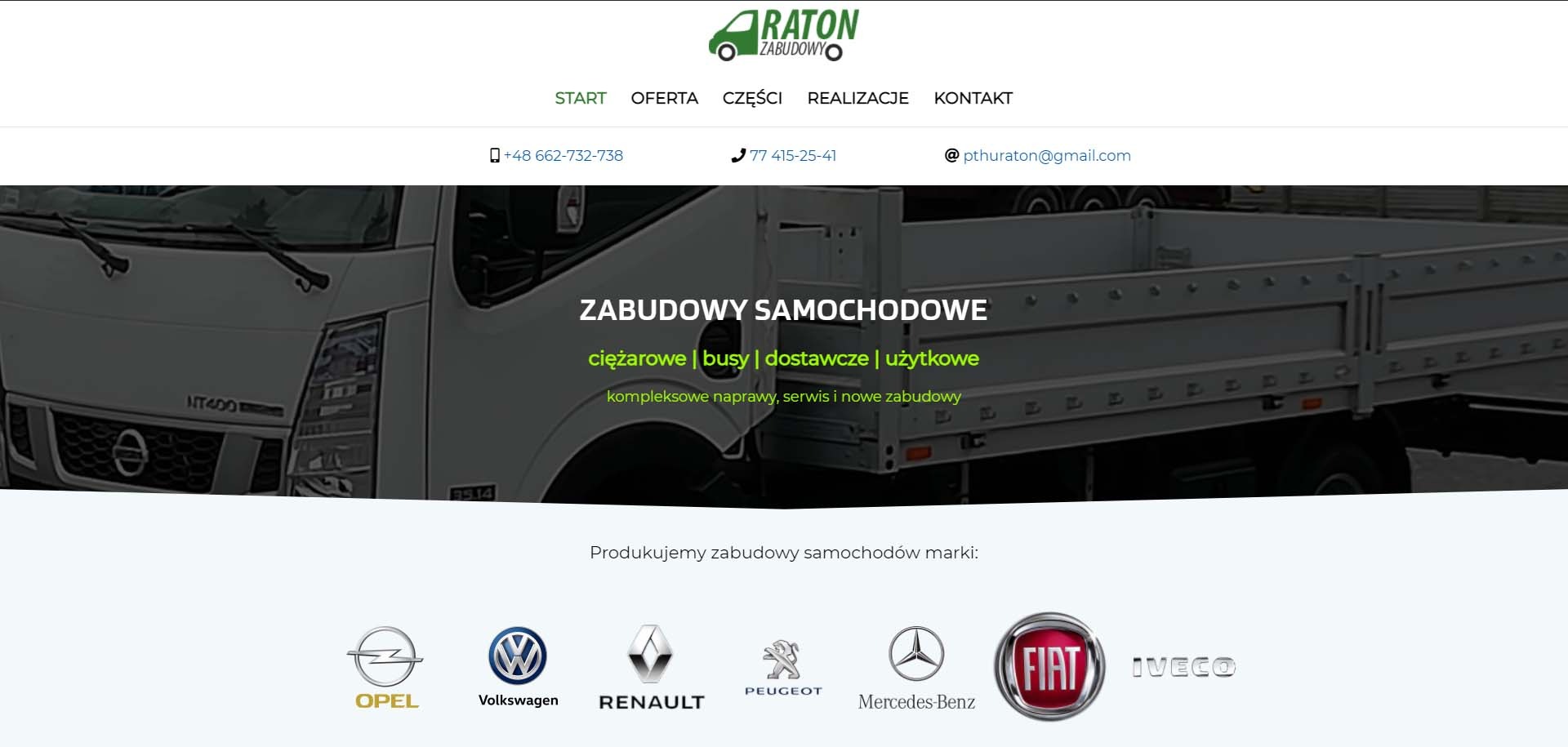 Strona internetowa firmy Raton Zabudowy prezentująca zabudowy samochodowe ciężarowe, busy, dostawcze i użytkowe, z logo firmy i menu nawigacyjnym u góry, oraz listą marek samochodów na dole.