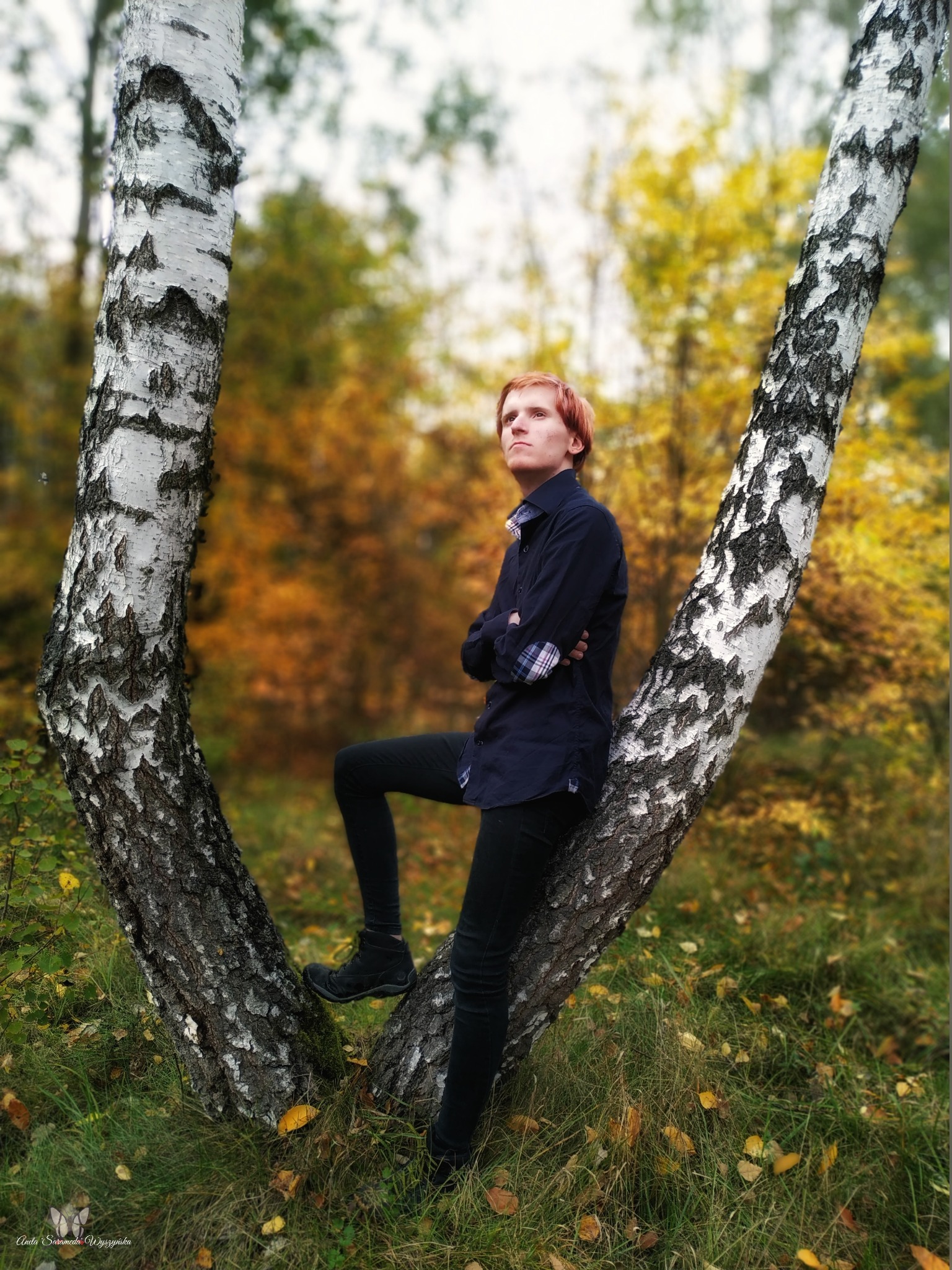 Młody mężczyzna z rudymi włosami, oparty o rozwidlony pień brzozy w jesiennym lesie, ubrany w ciemną koszulę i czarne spodnie, patrzy w górę.