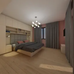Wizualizacja sypialni z zabudową meblową pod sufit, łóżkiem z szarą narzutą i różowymi poduszkami, oświetleniem punktowym nad szafkami nocnymi i drewnianą podłogą.