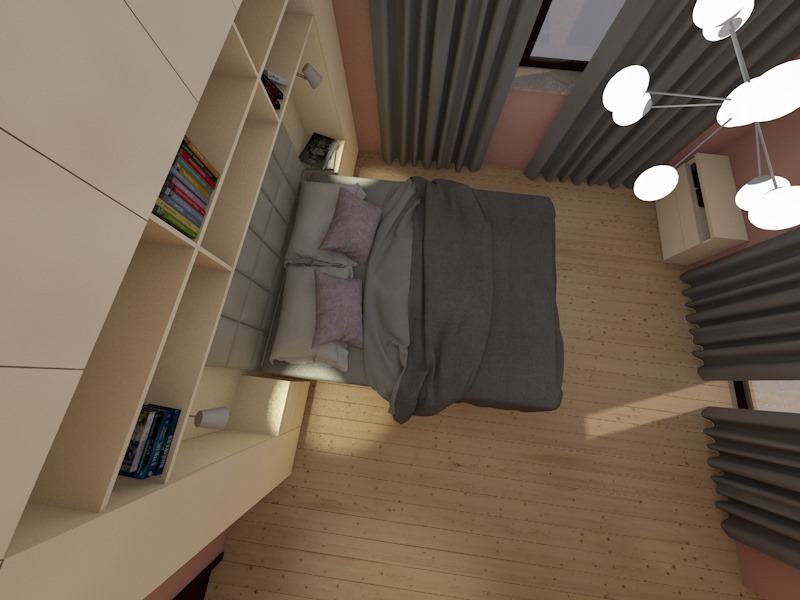 Widok z góry na minimalistyczną sypialnię z zabudową meblową, szarymi zasłonami i drewnianą podłogą, oświetloną nowoczesną lampą sufitową.