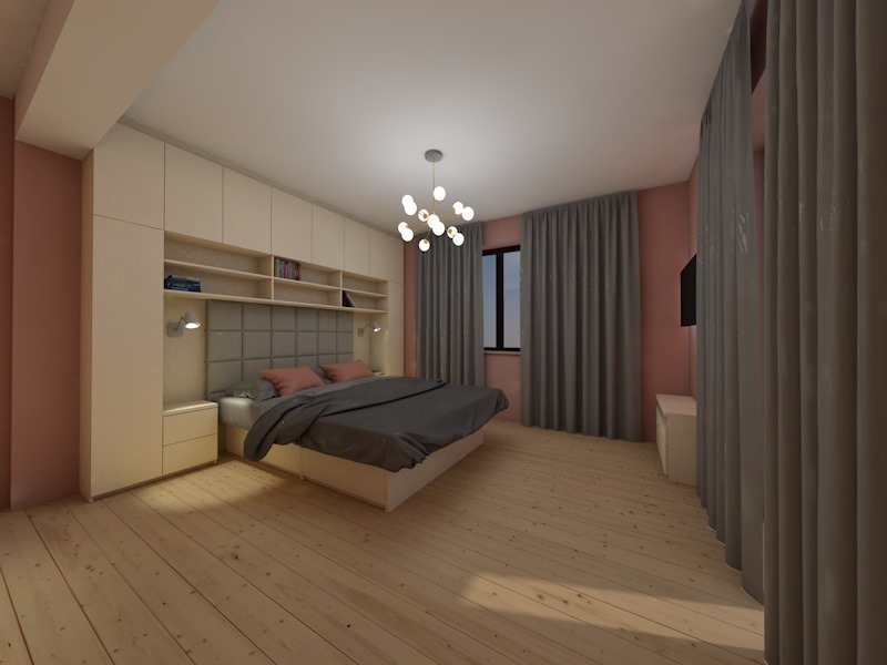 Wizualizacja sypialni z zabudową meblową pod sufit, łóżkiem z szarą narzutą i różowymi poduszkami, oświetleniem punktowym nad szafkami nocnymi i drewnianą podłogą.