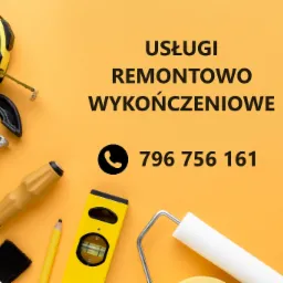 Narzędzia remontowo-wykończeniowe na pomarańczowym tle: miara zwijana, ścisk stolarski, wkręty, śrubokręt, pędzel, ołówek, poziomica i wałek malarski. W tle napis 'Usługi remontowo-wykończeniowe'...