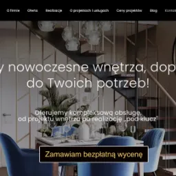 Strona internetowa firmy Ineks Design prezentująca nowoczesne wnętrze z jadalnią i schodami, z hasłem 'Tworzymy nowoczesne wnętrza, dopasowane do Twoich potrzeb!' oraz przyciskiem 'Zamawiam...