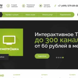 Strona internetowa firmy Netts.ru, internetowego dostawcy, z ofertą interaktywnej telewizji 'Smotreshka' z 300 kanałami od 60 rubli miesięcznie, widoczne menu nawigacyjne i ikony wsparcia...