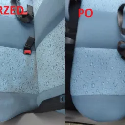 Tapicerka samochodowa: porównanie stanu przed i po czyszczeniu, widoczne różnice w odświeżeniu materiału i usunięciu zabrudzeń.