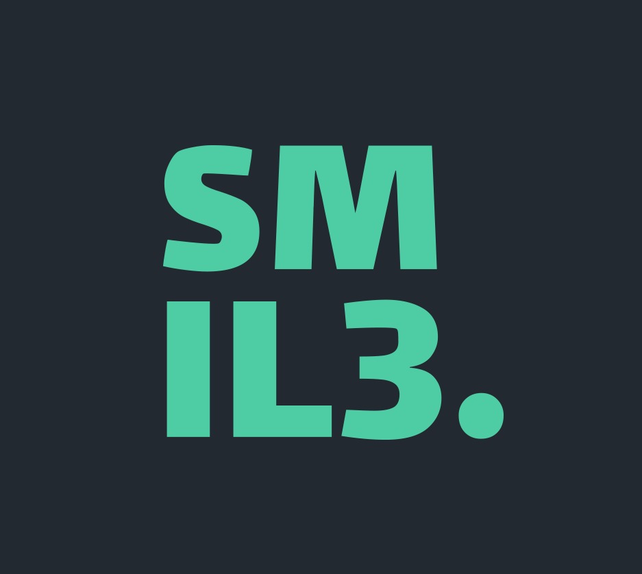 Graficzne przedstawienie nazwy firmy 'SM IL3.' w kolorze morskim na ciemnoszarym tle.