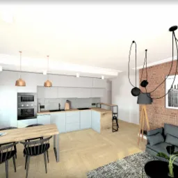 Wizualizacja wnętrza: szara kuchnia z drewnianym blatem, stół z czarnymi krzesłami, ceglana ściana z grafikami, lampa wisząca z trzema kulami i szara sofa.
