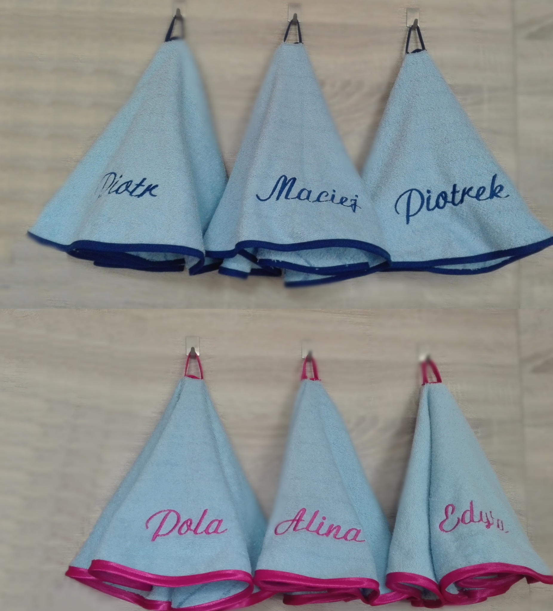 Zestaw rodzinny sześciu ręczników z haftem imion ozdobą czcionką. Zamówienie indywidualne.
