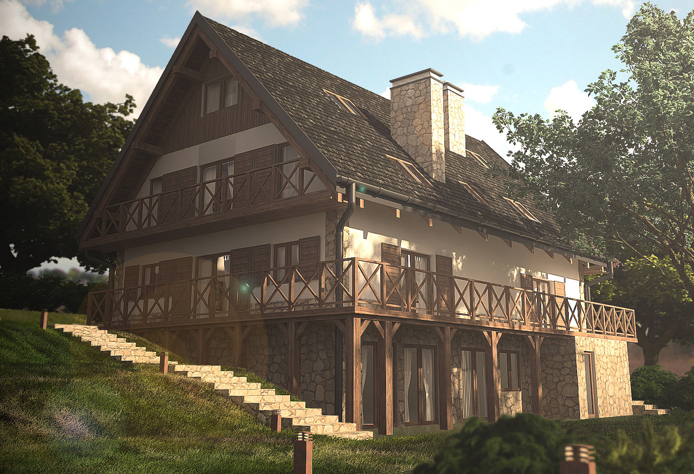 Dwukondygnacyjny dom z kamienną elewacją, drewnianymi balkonami i schodami na zboczu, otoczony zielenią.