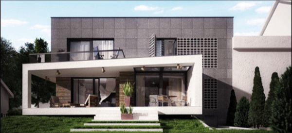 Wizualizacja nowoczesnego domu jednorodzinnego z płaskim dachem, szarą elewacją i białym zadaszeniem tarasu, otoczonego zielonym trawnikiem i drzewami.