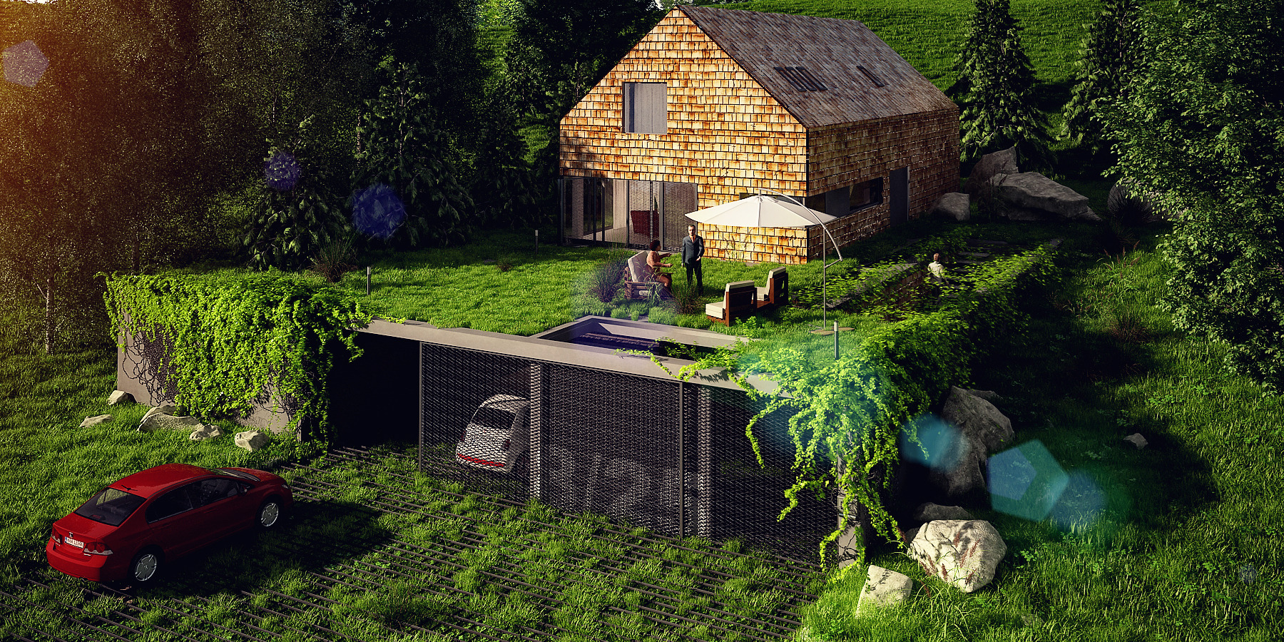 Wizualizacja domu z drewnianą elewacją i garażem wkomponowanym w zielony teren, z czerwonym samochodem na podjeździe i parą osób relaksujących się na tarasie.