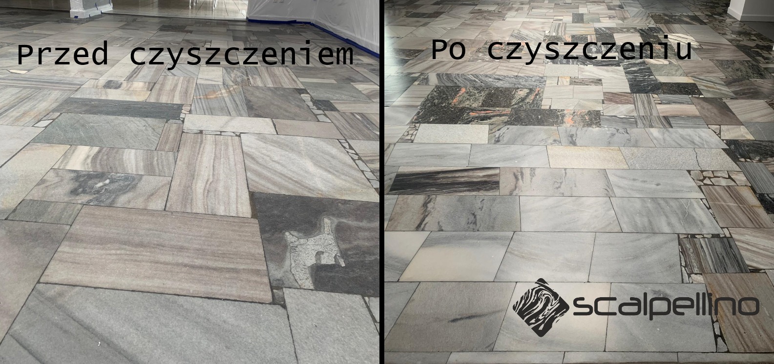 Porównanie stanu posadzki z marmuru przed i po czyszczeniu, z widoczną różnicą w jasności i usunięciu zabrudzeń, z logo firmy w prawym dolnym rogu.