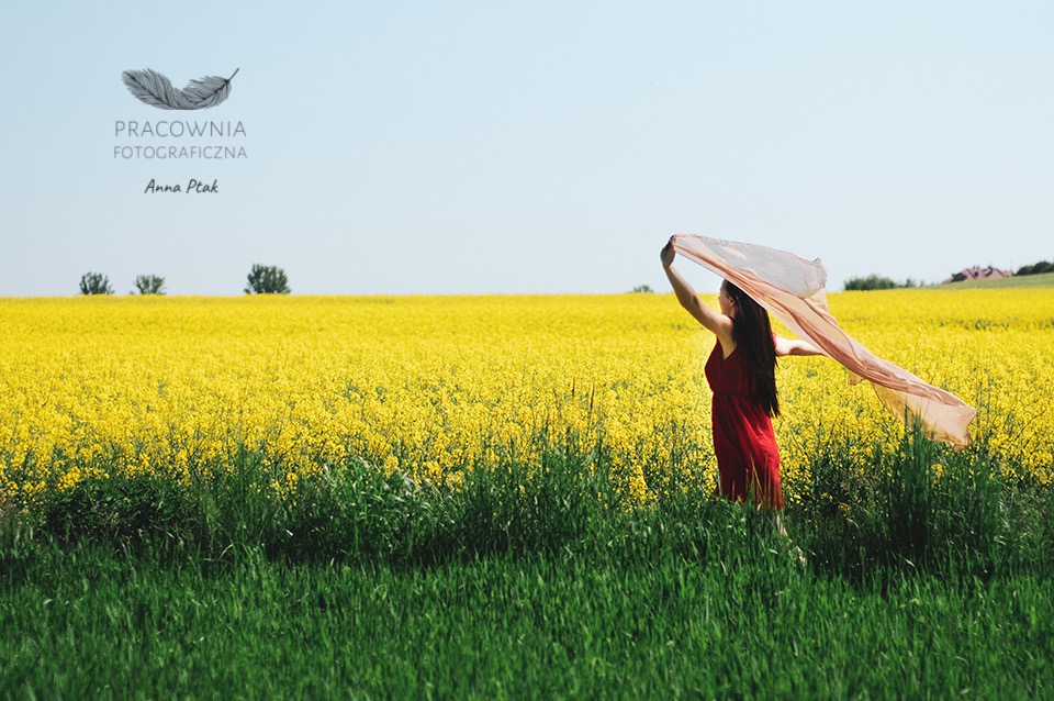 Kobieta w czerwonej sukience, stojąca na skraju pola rzepaku, trzyma w górze zwiewny materiał. W tle logo fotografa.
