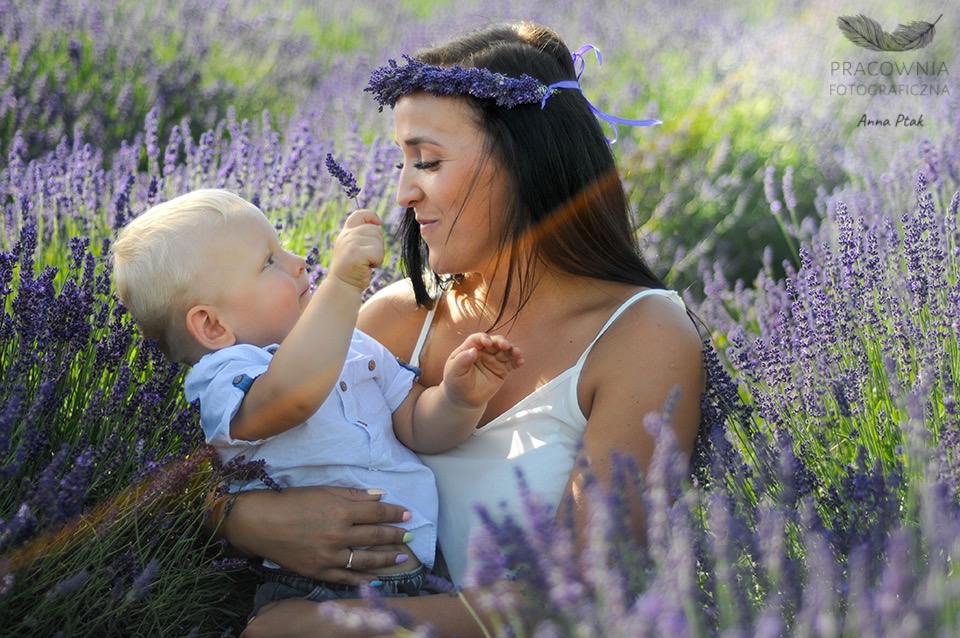 Mama z małym synkiem w polu lawendy, chłopiec trzyma kwiat, kobieta ma wianek z lawendy na głowie, delikatne światło słoneczne.
