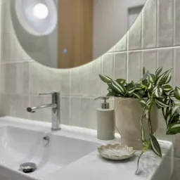 Nowoczesna łazienka: biała umywalka z chromowaną baterią, okrągłe lustro z podświetleniem, ceramiczna doniczka z zieloną rośliną i mydelniczka w kształcie kwiatka.