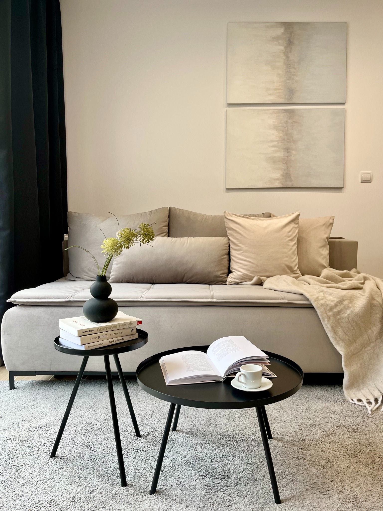 Jasnoszara sofa z poduszkami i beżowym pledem, dwa abstrakcyjne obrazy na ścianie, dwa czarne stoliki kawowe z książkami i filiżanką.