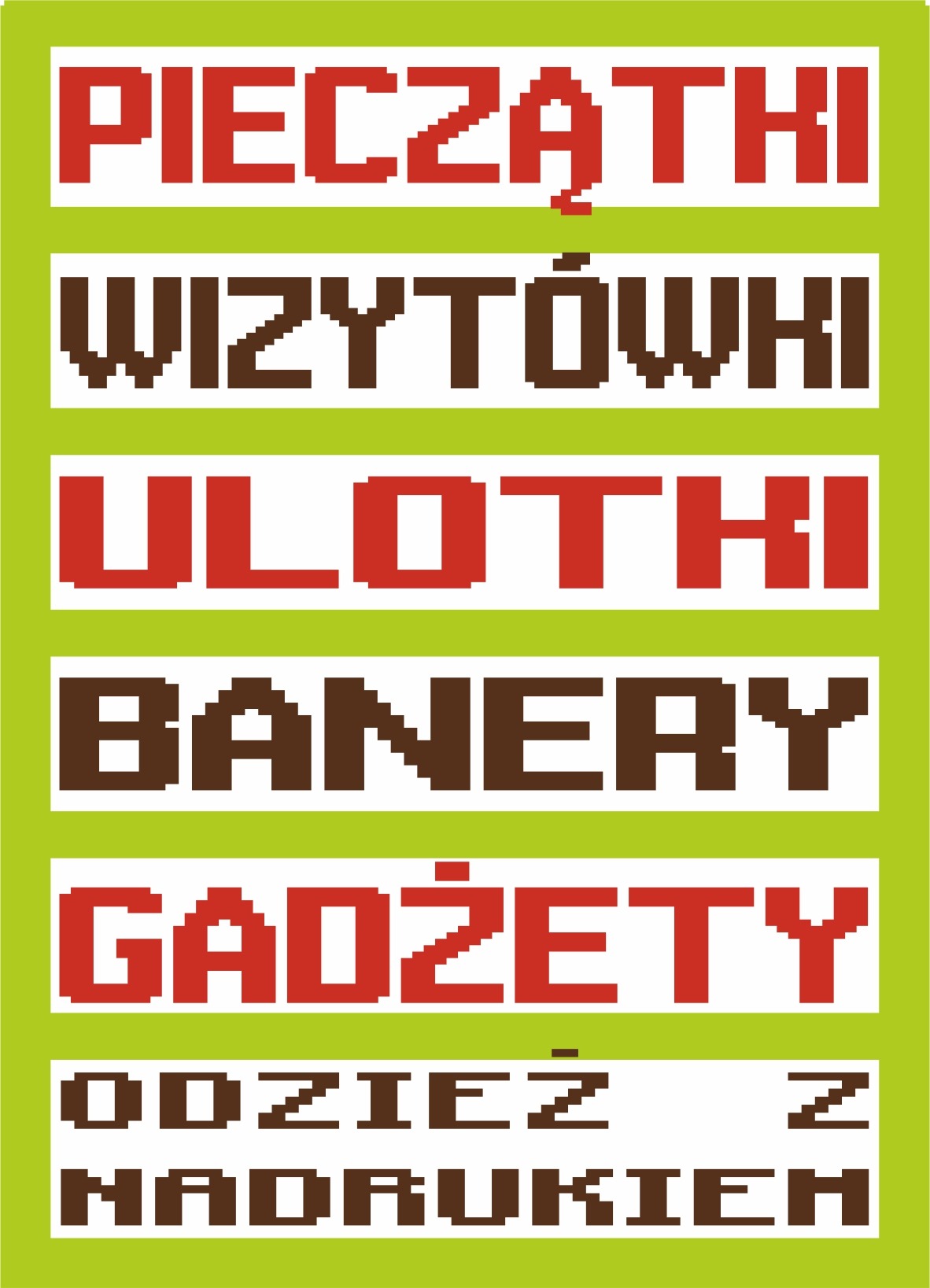 Grafika w stylu pixel art przedstawiająca listę produktów: pieczątki, wizytówki, ulotki, banery, gadżety, odzież z nadrukiem. Napisy w kolorach czerwonym i brązowym na zielonym tle.