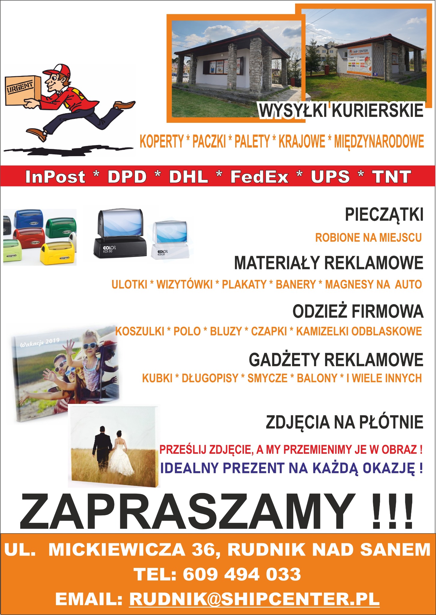 Szyld reklamowy firmy oferującej wysyłki kurierskie, pieczątki, materiały reklamowe, odzież firmową, gadżety reklamowe i zdjęcia na płótnie, z widocznymi logo firm kurierskich, przykładami...