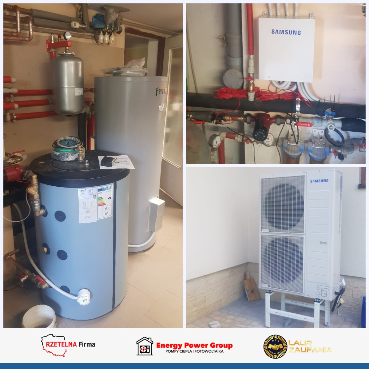 Kolaż przedstawiający elementy instalacji grzewczej: zbiorniki akumulacyjne ciepła, pompę obiegową z osprzętem oraz zewnętrzną jednostkę pompy ciepła marki Samsung na białym stelażu.