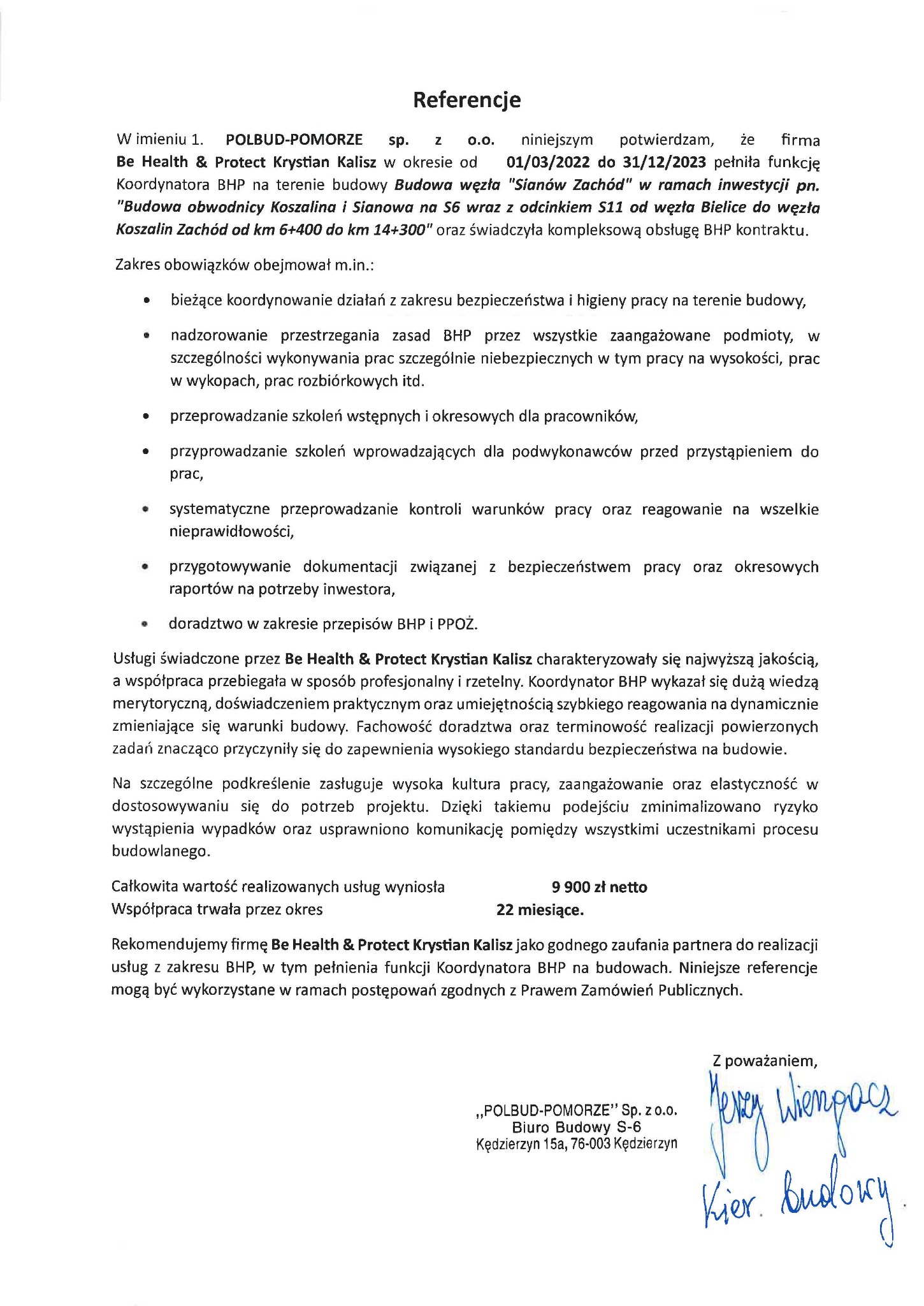 Skan dokumentu referencyjnego dla firmy BHP, potwierdzający świadczenie usług koordynatora BHP na budowie obwodnicy Koszalina i Sianowa, z wyszczególnieniem zakresu obowiązków i podpisu kierownika...