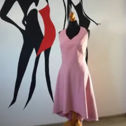 Różowa sukienka z dekoltem w serek na manekinie, na tle ściany z czarno-czerwonym rysunkiem sylwetek.