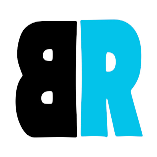 Stylizowane logo z czarną literą B i błękitną literą R na białym tle.