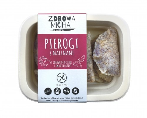 Pierogi z malinami w beżowym opakowaniu z logo 'Zdrowa Micha', certyfikowane jako bezglutenowe, wegańskie i bez laktozy.