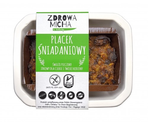 Świeżo pieczony placek śniadaniowy marki Zdrowa Micha w ekologicznym opakowaniu, z certyfikatami dla wegetarian i wegan, polecany przez Fundację Viva.