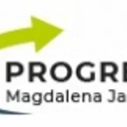 Logo firmy Progress Magdalena Janczak z zieloną strzałką skierowaną w górę i niebieskim łukiem u dołu.