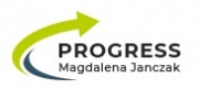 Logo firmy Progress Magdalena Janczak z zieloną strzałką skierowaną w górę i niebieskim łukiem u dołu.
