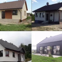 Kolaż przedstawiający osiem różnych domów jednorodzinnych z różnymi rodzajami elewacji i dachów, w tym dom z ciemną elewacją i metalowym dachem, dom z jasną elewacją i brązowym dachem, oraz dom...