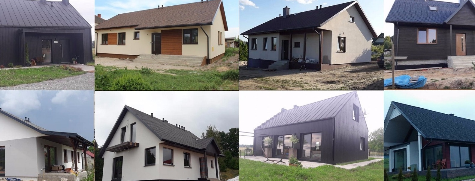 Kolaż przedstawiający osiem różnych domów jednorodzinnych z różnymi rodzajami elewacji i dachów, w tym dom z ciemną elewacją i metalowym dachem, dom z jasną elewacją i brązowym dachem, oraz dom...