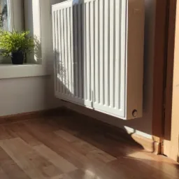 Biały grzejnik panelowy zamontowany na ścianie w pokoju z drewnianą podłogą, oświetlony promieniami słońca wpadającymi przez okno, obok znajduje się doniczka z zieloną rośliną.